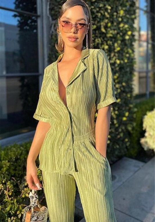 green wide leg pant suit